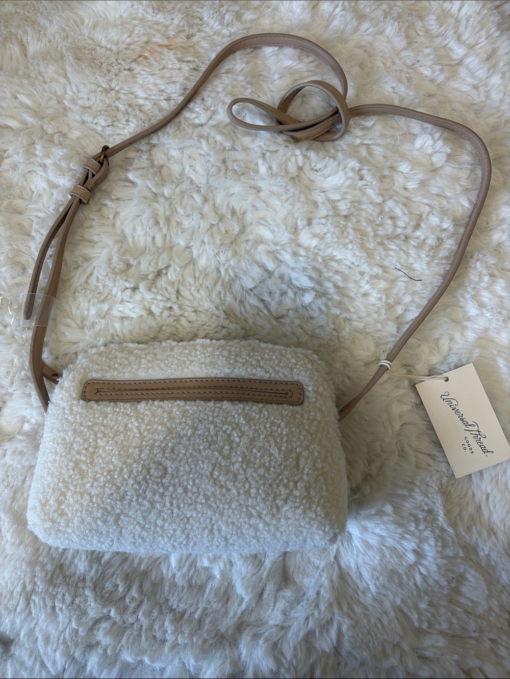 Universal Thread Cream Sherpa Crossbody with Tan Strap Accent